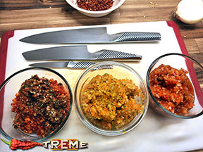 three spicy pepper variety chopped into sauce